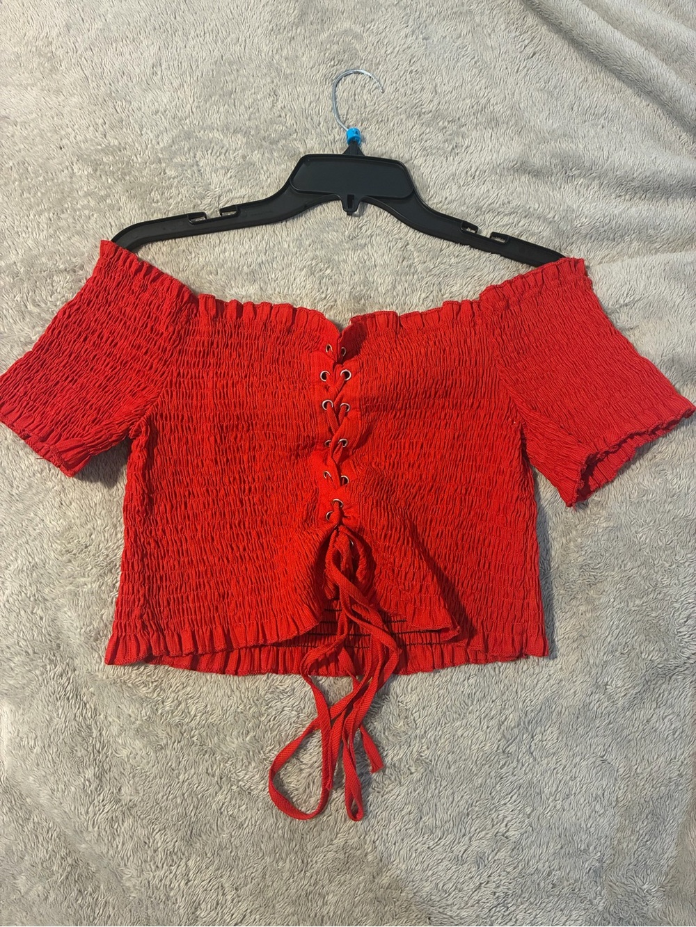 Off-Shoulder Red Smocked Lace-Up Crop Top